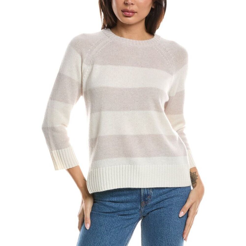 Forte Cashmere Womens 3 /4 Sleeve Wide Stripe Crewneck 100% Cashmere Sweater